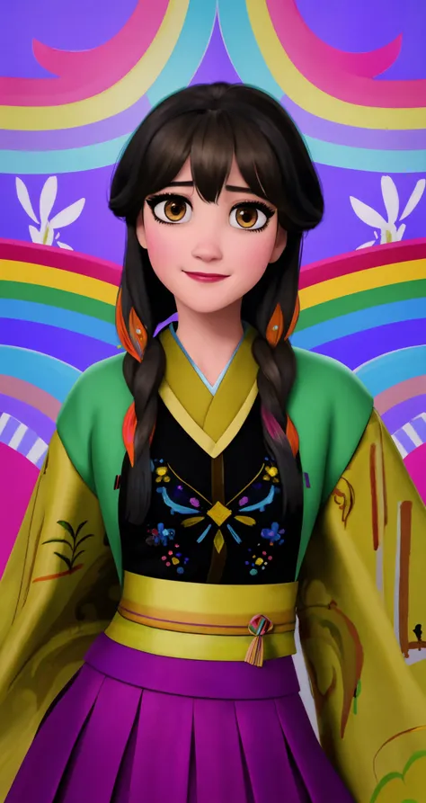 woman,  light brown eyes, police, rainbow hair,
([Zooey Deschanel]:0.9),  smillng, 
gothic, middle shot, colorful,
[(colorful explosion psychedelic paint colors:1.21)::0.1],
masterpiece, professional, high quality, beautiful, amazing, ArtStation, kimono skirt, big hair, 
masterpiece, highres,  4k, detailed background, epic, (colorful:0.8), by Diane Dillon, by Jasper Johns,