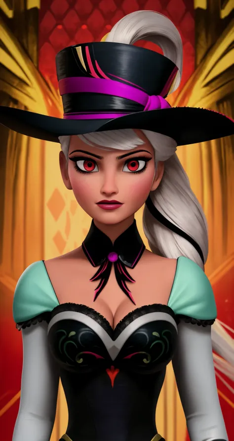 woman, solo, white hair, dark red eyes, office lady, 
([Sophia Loren|Eva Mendes|Adriana Lima]:0.85), middle shot, 
pop art, 
masterpiece, professional, high quality, beautiful, amazing, cyberpunk, Getty Images, Top Hat, long hair, 
masterpiece, highres,  4k, detailed background, delicious, (matte:0.8), by Jean-Honor Fragonard, by Austin Briggs,