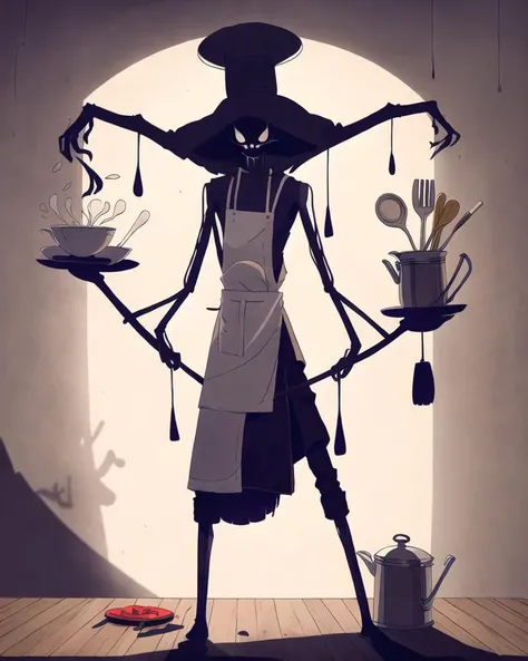 ayejaymakeart , man holding a cooking pan, wearing a chef's outfit, chef's hat, face covered by shadows, long limbs, full body, scary