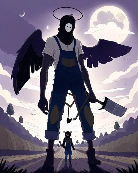ayejaymakeart, ((best quality, masterpiece, beautiful composition,)) (farmer man, covered by shadows) long arms, arms reaching the ground, standing at a farm, at night, full moon, face covered by shadow, glinting eyes, colorful, cartoon, wearing overalls, wings, holding an axe, halo on top of head, (backlit:0.8), cool, (epic:0.7)