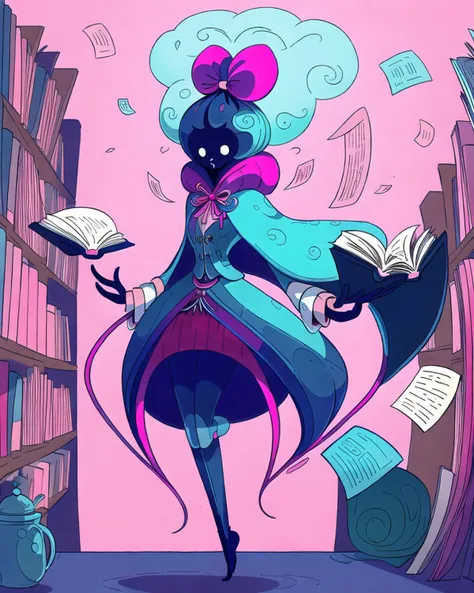 ayejaymakeart , woman, face covered in shadows, tendrils of shadows, wearing a pink cloak with a bolo tie, top bun with pink hairband, long limbs, full body, casting a magic spell, ((in a blue white library background)), cartoon, books, floating papers