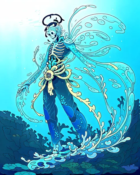 ayejaymakeart, ((best quality, masterpiece, beautiful composition,)) skeleton (samurai man, body made out of water, blue gel like body, see through skin,) long arms, arms reaching the ground, standing at ocean floor, corals, under the sea, kelp, koi fish swimming around, (clear facial features), eyes, colorful, cartoon, dripping ink halo