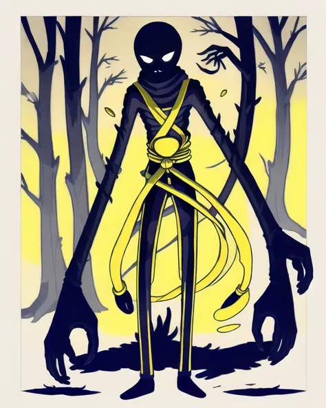 ayejaymakeart ninja, [yellow white and blue], face covered in shadow, long limbs, spooky