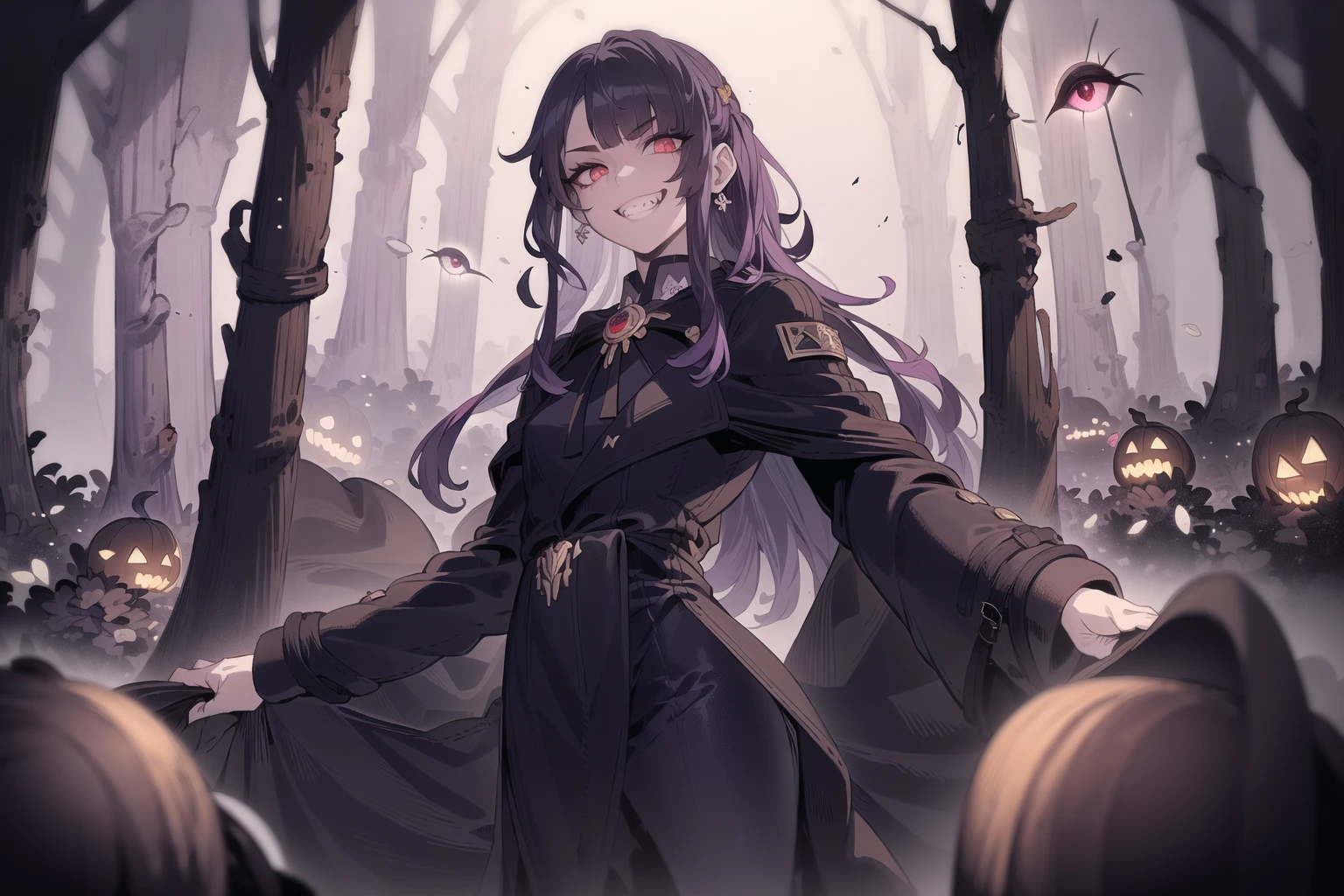 (realistic proportions), (1girl), ((masterpiece)), (extremely detailed CG), ((spooky forest)),(fog:1.1), high definition, ((extremely detailed eyes)), illustration, (best quality), (extremely detailed), (night sky:1.05), HDR, bang, refraction, (glossy shiny reflective:1.2), exquisite hairstyle, (close-up:0.9), ray tracing, lens flare, light makeup, stunning elegant pose, (fisheye lens:0.98),(evil_grin:1.1)
(black trench_coat:1.3),(flat chest:1.1),(violet hair),(black_capelet),(red eyes:1.1)