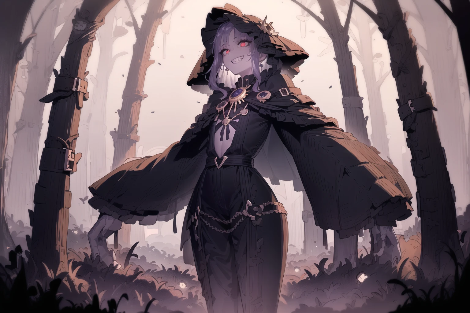 (realistic proportions), (1girl), ((masterpiece)), (extremely detailed CG), ((spooky forest)),(fog:1.1), high definition, ((extremely detailed eyes)), illustration, (best quality), (extremely detailed), (night sky:1.05), HDR, bang, refraction, (glossy shiny reflective:1.2), exquisite hairstyle, (close-up:0.9), ray tracing, lens flare, light makeup, stunning elegant pose, (fisheye lens:0.98),(evil_grin:1.1)
(black trench_coat:1.3),(flat chest:1.1),(violet hair),(black_capelet),(red eyes:1.1)