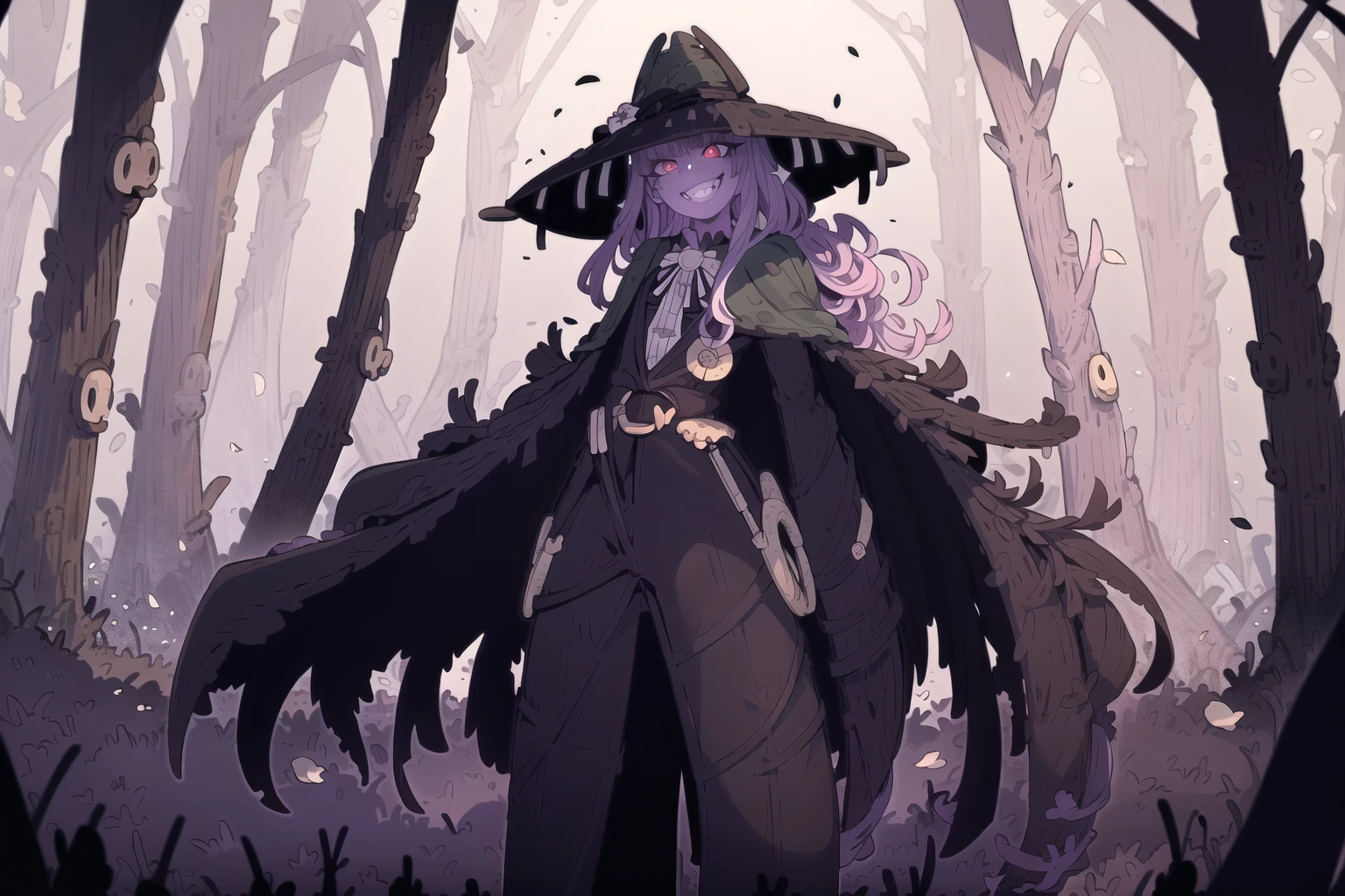 (realistic proportions), (1girl), ((masterpiece)), (extremely detailed CG), ((spooky forest)),(fog:1.1), high definition, ((extremely detailed eyes)), illustration, (best quality), (extremely detailed), (night sky:1.05), HDR, bang, refraction, (glossy shiny reflective:1.2), exquisite hairstyle, (close-up:0.9), ray tracing, lens flare, light makeup, stunning elegant pose, (fisheye lens:0.98),(evil_grin:1.1)
(black trench_coat:1.3),(flat chest:1.1),(violet hair),(black_capelet),(red eyes:1.1)