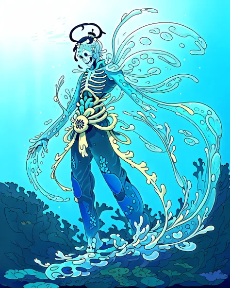 ayejaymakeart, ((best quality, masterpiece, beautiful composition,)) skeleton (samurai man, body made out of water, blue gel like body, see through skin,) long arms, arms reaching the ground, standing at ocean floor, corals, under the sea, kelp, koi fish swimming around, (clear facial features), eyes, colorful, cartoon, dripping ink halo