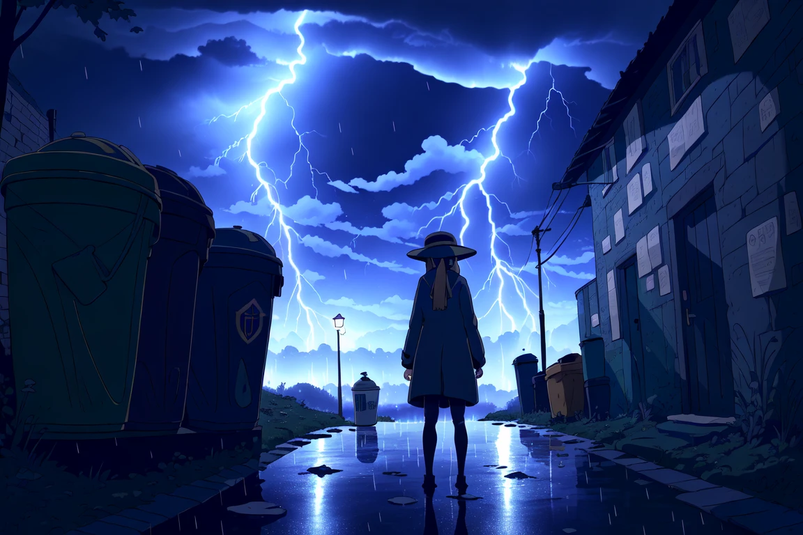ayejaymakeart, illustration, ray tracing, (scenery:1.1), (rain, water drop, lightning, storm:1.3), (blood on wall, blood:1.1)
(1girl:1.1), dress, long hair, hat,
outdoors, air conditioner, dark lighting, garbage, garbage bin, industrial pipe, smoke, spooky alley, backlighting, dark theme, debris, spooky different shadow, drainpipe, profile, puddle, shadow, standing, wide shot, (night:1.1), moon, stars,
from above, from behind, looking away, looking to the side,