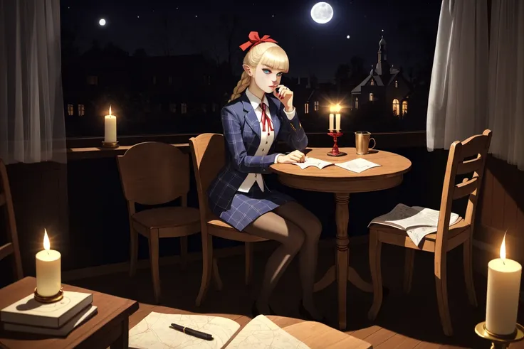 nilsunna, masterpiece, best quality, ultra-detailed, illustration, beautiful face,
((persona 5 style, p5 aoa style)), stylistic, white outline, (ayejaymakeart:1.1), chair, spooky classroom, indoors, table, school chair, window, old, dark, trash, messy room, (night,:1.3), spooky, dark, dimly lit, eerie, creepy, abandoned, old-fashioned, dilapidated, musty, cobweb filled, dusty, decaying, blackboard, wooden desks, old wooden chairs, creaky floorboards, creepy shadows, ghostly candle lights, ghostly candle flames, ghostly glow, ghostly candelabra, ghostly portraits, ghostly paintings, ghostly books, ghostly bookcases, ghostly scroll, ghostly maps, ghostly globe, ghostly chandelier, ghostly curtains, ghostly window, ghostly moonlight, ghostly bats,

1girl, solo.

blonde hair, blunt bangs, sidelocks, twin braids, hairs over shoulder, (red hairband), (red ribbon braid), (hair intakes),

(pointy ears:1.2), (blue eyes), (freckles:1.1), closed mouth, parted lips, expressionless,

medium breasts, white shirt, dark blue cardigan, red necktie, midi skirt, black plaid skirt, (black legwear), (black pantyhose), [red sneakers],

hand on own face, head rest, head tilt, fangs, fingernails, nail polish, red nails, sitting, on chair, crossed legs,

looking at viewer, perspective,