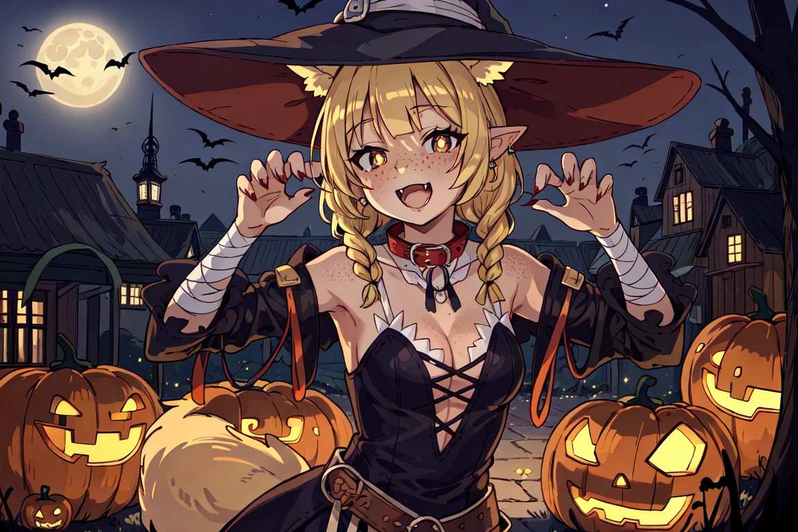 ayejaymakeart, halloween, halloween costume, alternate costume, spooky cityscape, spooky street, (night sky:1.05), full moon, pumpkin, jack-o'-lantern, bat \(animal\), house.
1girl, solo.
blonde hair, blunt bangs, sidelocks, twin braids, hairs over shoulder, witch hat, (fake animal ears:1.1), (red ribbon braid:1.1).
pointy ears, (blue eyes), white pupils, bright pupils, freckles, open mouth.
medium breasts, dress, black dress, (tail, fake tail:1.1), collar, jewelry, bat wings, bandaged arms, detached sleeves,
(claw pose:1.3), fangs, fingernails, nail polish, red nails, sharp fingernails,
(close-up:0.9), looking at viewer, cleavage