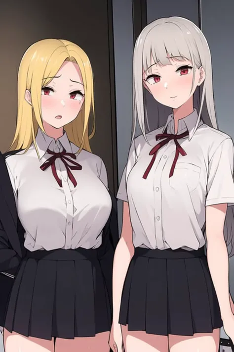 ((masterpiece)), (best quality), (detailed), (2 girls),<lora:Test-08:0.8>
AND (2 girls),white collared shirt,red eyes,blonde hair, skirt
AND (2 girls),white collared shirt,red eyes,long silver hair, skirt