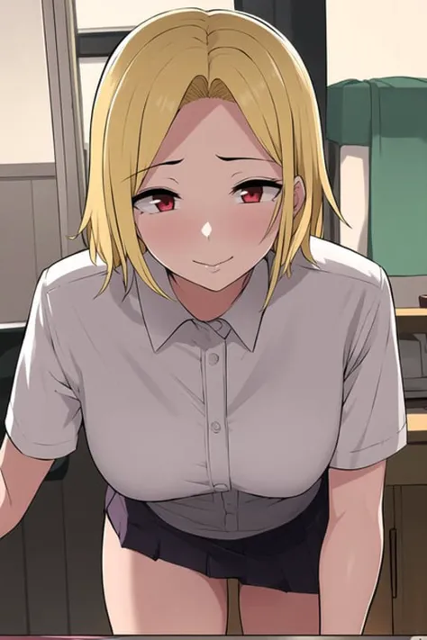 ((masterpiece)), (best quality), (detailed), (1 girl), <lora:Test-08:0.8>,white collared shirt,red eyes,short blonde hair, skirt,pov