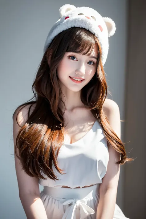 masterpiece, best quality,closed mouth, looking at viewer, alluring, clean, beautiful face, pure face, pale skin, little smile, a woman wearing a white bear costume with long hair and a smile on her face, posing for a picture with a white background and gray background,  upper body, <lyco:joycechu:1>,