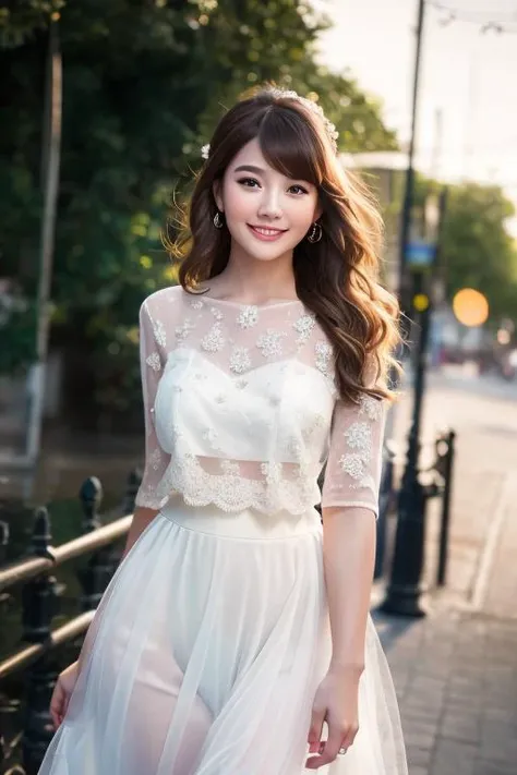 1girl, (looking at viewer), (bokeh:1.1), light smile, beautiful face, pure face, skirt, wavy hair, best quality, (photorealistic:1.1), ultra highres, style-bridal,   <lyco:joycechu:1.0>