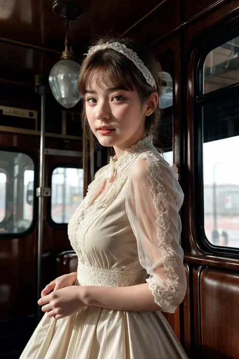 photorealistic, analog, realism, 21 years old  girl, detailed eyes, pure face, vintage train, vintage lace dress,<lora:add_detail:0.4>, <lyco:joycechu:0.6>