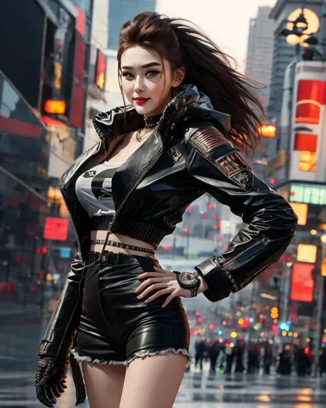 Masterpiece, hdr, best quality, uhd, 8k resolution, best light, realistic, detailed background, detailed face, detailed hands, full body, 1girl,  elegant girl from cyberpunk world, punk style,  <lyco:Joyce Chu (Malysian Idol):1.0>, portrait,