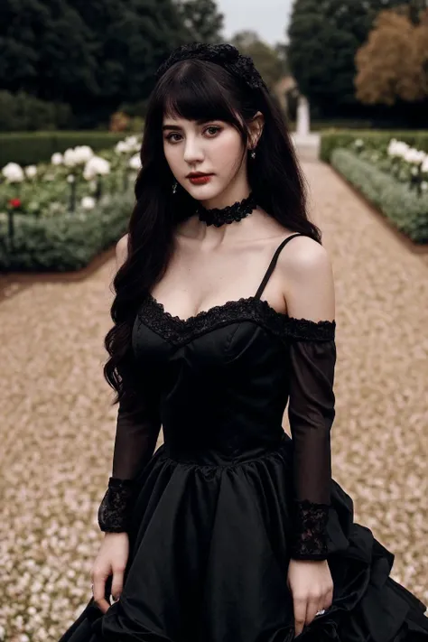 pure face girl, beautiful face, black wedding gown, lace choker, <lyco:joycechu:0.9>, rose garden