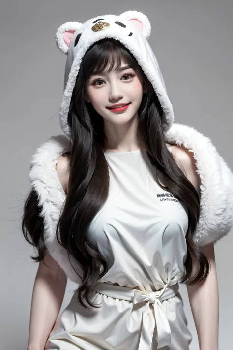 masterpiece, best quality,closed mouth, looking at viewer, alluring, clean, beautiful face, pure face, pale skin, little smile, a woman wearing a white bear costume with long hair and a smile on her face, posing for a picture with a white background and gray background,  upper body, <lyco:joycechu:1>,