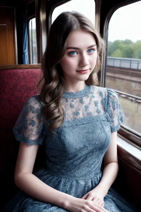 photorealistic, analog, realism, 21 years old  girl, detailed blue eyes, pure face, vintage train, vintage alluring lace dress,<lora:add_detail:0.4>, <lyco:joycechu:0.6>