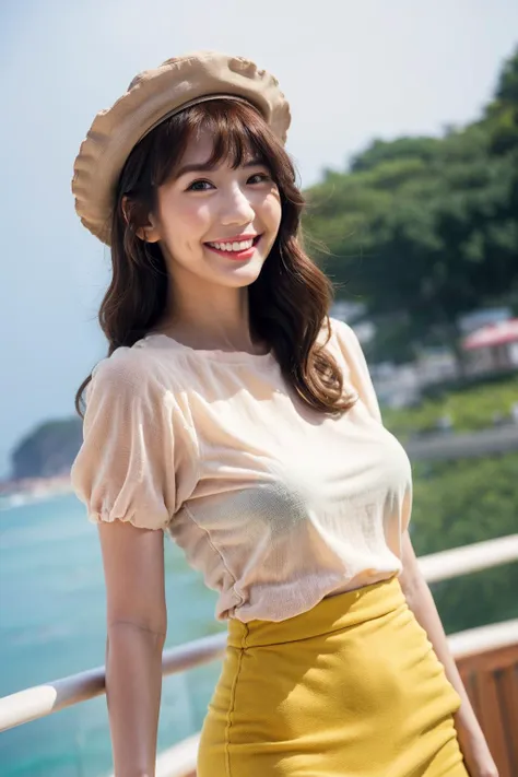 <lyco:joycechu:1.0>, light smile, pure face, beautiful face, beach, bokeh, hat, blouse, skirt