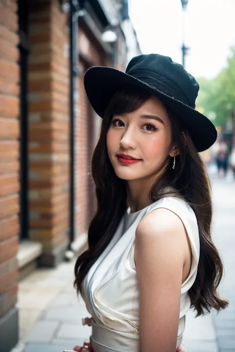 <lyco:joycechu:1.0>, pure face, beautiful face, bokeh, hat, black dress, bridesmaid, London old streets, bricks wall