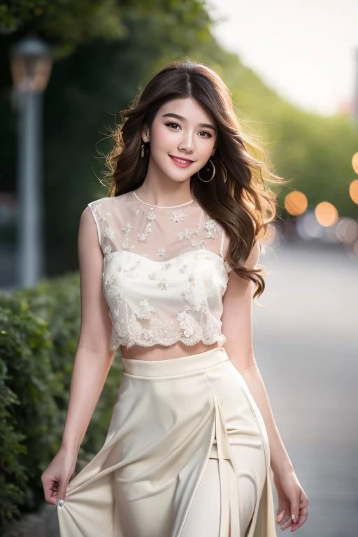 1girl, (looking at viewer), (bokeh:1.1), light smile, beautiful face, pure face, skirt, wavy hair, best quality, (photorealistic:1.1), ultra highres, style-bridal, <lyco:joycechu:1.0>