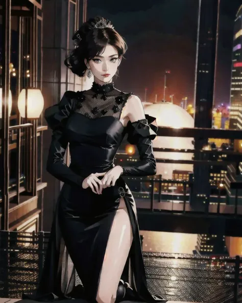 Masterpiece, hdr, best quality, uhd, 8k resolution, best light, realistic, detailed background, detailed face, detailed hands, full body, 1girl, elegant girl from gothicpunk world, black dress. <lyco:Joyce Chu (Malysian Idol):1.0>, portrait,