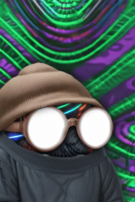 full body portrait of a mythical sock puppet entity,<lora:LasogetteXL_v1:0.9>,confused expression,thick glasses,ethereal planes of the karmic grid,videosynth background,