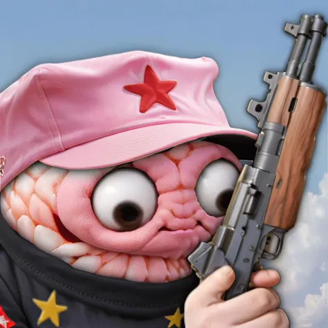 a shrimp sock puppet,<lora:LasogetteXL_v1:0.9>,pink chitin skin,big gun,socialist star cap,