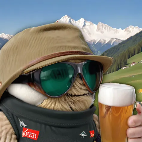 austrian sock puppet,<lora:LasogetteXL_v1:0.9>,black sports sunglasses,mountain background,holding a glass of beer,loden hat,lederhose,tiny ufo above alps in the background,