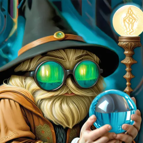 a portrait of a hairy fairytale sock puppet wizard,<lora:LasogetteXL_v1:1>,<lora:Ivan Bilibin Style:0.7>,Ivan Bilibin Style page,holding a glowing crystal ball,round reading glasses,