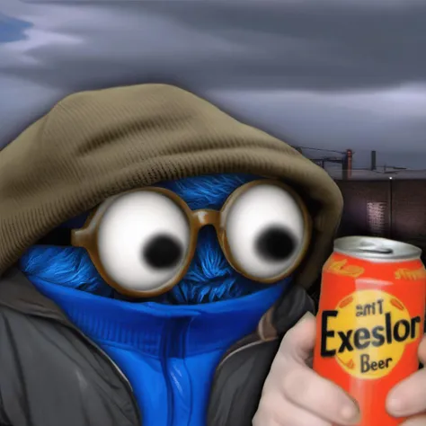 homeless british sock puppet,<lora:LasogetteXL_v1:0.9>,dirty clothes,drunk,holding a blue excelsior beer can,industrial liverpool,rainy weather,sad expression,cigarette,thick glasses,