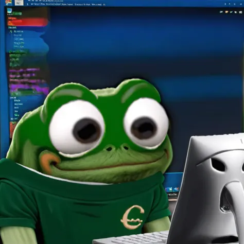 pepe the frog sock puppet,<lora:LasogetteXL_v1:0.9>, sitting in front of pc, sad