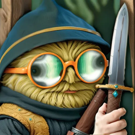 a portrait of a hairy fairytale sock puppet,<lora:LasogetteXL_v1:1>,<lora:Ivan Bilibin Style:0.7>,Ivan Bilibin Style page,holding a beautiful sword,round reading glasses,