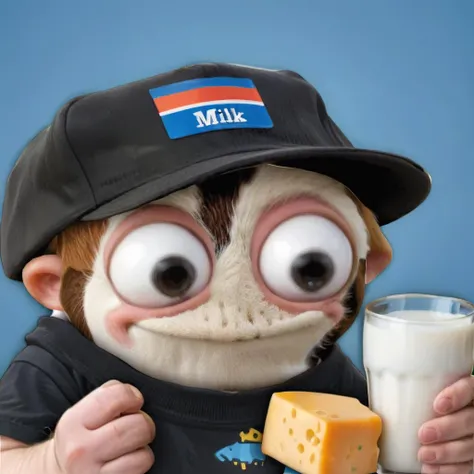 dutch sock puppet,<lora:LasogetteXL_v1:0.9>,cow tshirt, holding glass of milk, cheese cap