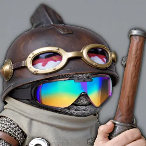 a heroic sock puppet,helmet with goggles,chainmail,lance,<lora:LasogetteXLv1_1:0.9>,