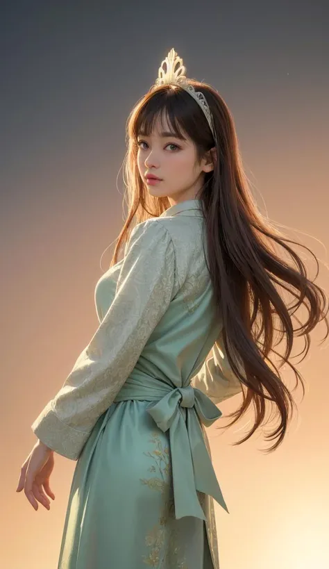 1girl, solo, (realistic, photo realistic:1.37),star halo,hyper realistic texture human skin:1.2, clothes with random and brilliant patterns, <lora:add_detail:0.8>,Detailed Chinese architectural background,dry,bow,super fine hair,charming expression,Sophisticated traditional clothing with various decorations,morning,hair blowing in the wind,delicate pale green eyes,ambient light,looking back at the audience,very long hair,