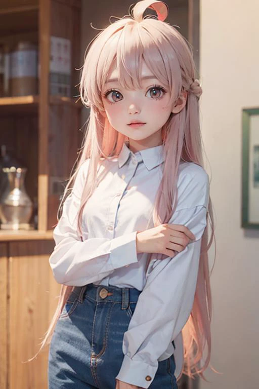 masterpiece, (8k, RAW photo, best quality, masterpiece:1.2), petite, OyamaMahiro, <lora:onimai-cs1-dim8-4-loha:0.8>, long shirt only, cowlick, frizz, ahoge