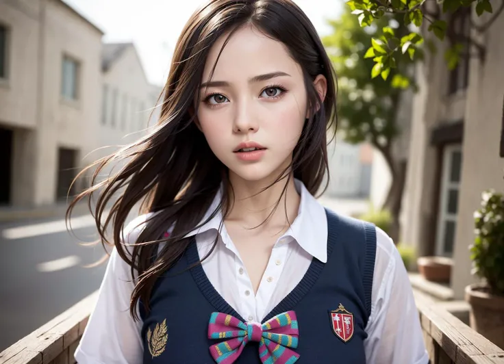 1girl, solo, (depth of field:1.1), (realistic, photo realistic:1.37), hyper realistic texture human skin:1.2, clothes with random and brilliant patterns, <lora:add_detail:0.8>,Random but exquisite scenes, filled with various items,school uniform,small boobs,cinematic composition,dry,bow,super fine hair