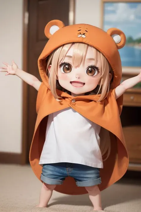 (8k, RAW photo, best quality, masterpiece:1.2), <lora:himoutoumaru-chan_doma:0.8>, doma umaru, hood, white shirt, shorts, indoor, (((chibi))),
smile, spread both hands, open mouth