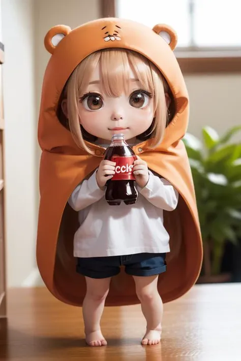 (8k, RAW photo, best quality, masterpiece:1.2), <lora:himoutoumaru-chan_doma:0.8>, doma umaru, hood, white shirt, shorts, indoor, (((chibi))),
drinking cola