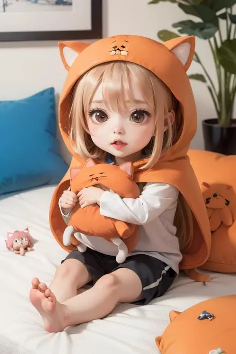(8k, RAW photo, best quality, masterpiece:1.2), <lora:himoutoumaru-chan_doma:0.8>, doma umaru, hood, white shirt, shorts, indoor, (((chibi))),
cat pillow