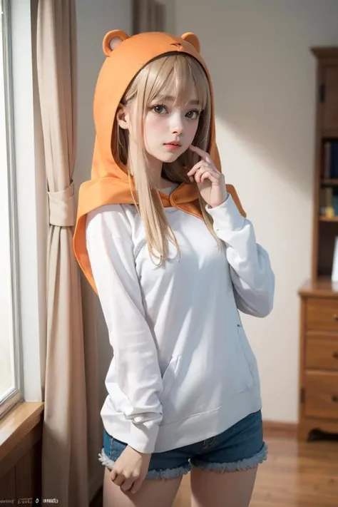 (8k, RAW photo, best quality, masterpiece:1.2),  <lora:himoutoumaru-chan_doma:0.8>, doma umaru, hood, white shirt, shorts, indoor, baby