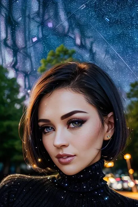 photo of <lora:carlap-08:0.7>, carlap, a woman, ((short hair, black hair):1.2)((closeup, portrait):1.1), ((outdoors, dreamy, stars, starlight, falling star):1.3),((lipstick, eyeliner, eye shadow)),((turtleneck sweater):1.2), ((best quality, masterpiece, extreme details):1.2), ((beautiful eyes, detailed eyes, detailed face, beautiful face):1.2), straight-on,upper body,looking at viewer