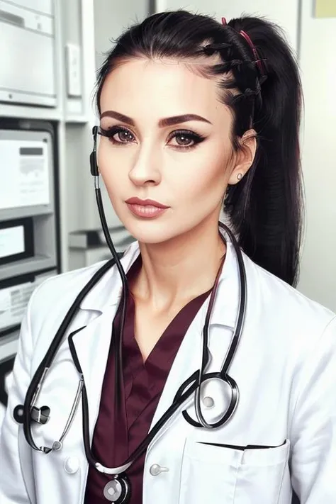 photo of <lora:carlap-08:0.7>, carlap, a woman, ((ponytail, black hair):1.2)((closeup, portrait):1.1), ((doctor's office, medical room, examination room):1.3),((lipstick, eyeliner, eye shadow)),((doctor coat, lab coat, stethoscope):1.2), ((best quality, masterpiece, extreme details):1.2), ((beautiful eyes, detailed eyes, detailed face, beautiful face):1.2), straight-on,upper body,looking at viewer