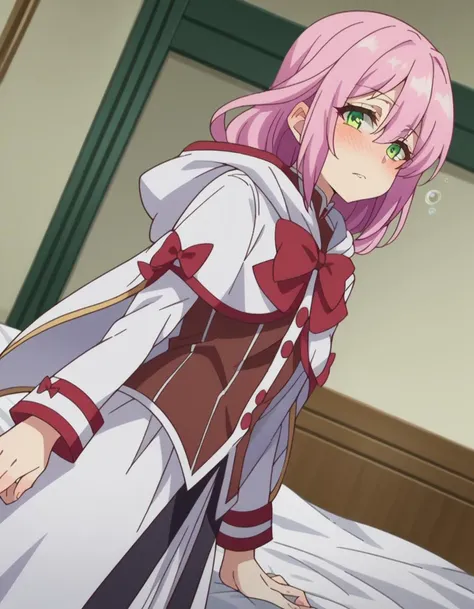 score_9, score_8_up, score_7_up, source_anime,
nornclatalissajioral, <lora:norn-clatalissa-jioral-ponyxl-lora-nochekaiser:1>
norn clatalissa jioral, long hair, hair between eyes, green eyes, pink hair,
long sleeves, dress, bow, red bow, hood, robe, white robe,
indoors, bed, bed room, on side, blush, drunk,
looking at viewer, dutch angle, cowboy shot,