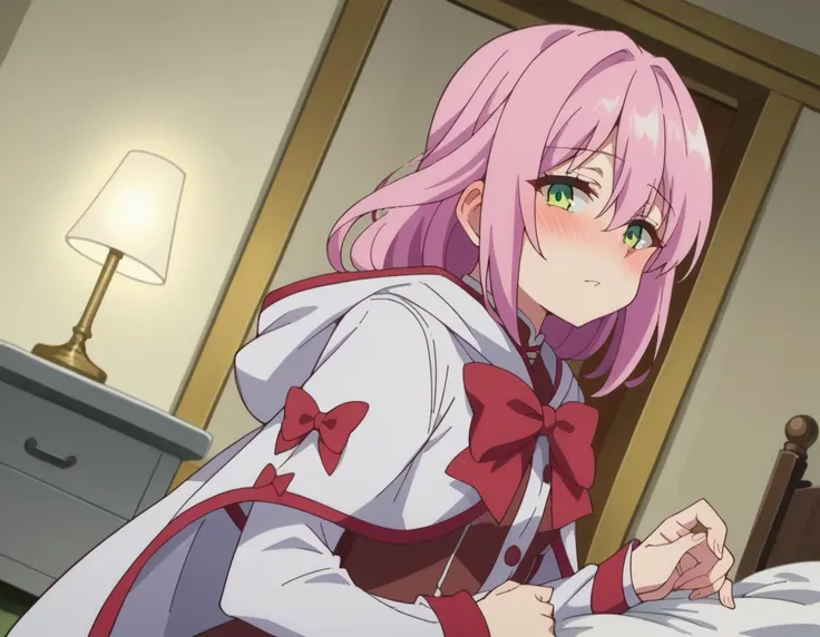score_9, score_8_up, score_7_up, source_anime,
nornclatalissajioral, <lora:norn-clatalissa-jioral-ponyxl-lora-nochekaiser:1>
norn clatalissa jioral, long hair, hair between eyes, green eyes, pink hair,
long sleeves, dress, bow, red bow, hood, robe, white robe,
indoors, bed, bed room, on side, blush, drunk,
looking at viewer, dutch angle, cowboy shot,