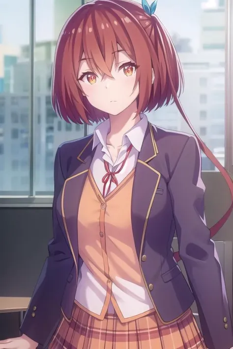 maonanjou, <lora:mao nanjou s1-lora-nochekaiser:1>,
mao nanjou, long hair, (orange eyes:1.3), red hair, side ponytail,
BREAK skirt, school uniform, jacket, plaid, plaid skirt, blazer,
BREAK indoors, classroom,
BREAK looking at viewer,
BREAK <lyco:GoodHands-beta2:1>, (masterpiece:1.2), best quality, high resolution, unity 8k wallpaper, (illustration:0.8), (beautiful detailed eyes:1.6), extremely detailed face, perfect lighting, extremely detailed CG, (perfect hands, perfect anatomy),