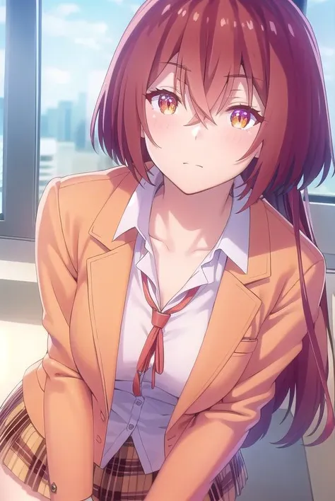 maonanjou, <lora:mao nanjou s1-lora-nochekaiser:1>,
mao nanjou, long hair, (orange eyes:1.3), red hair, side ponytail,
BREAK skirt, school uniform, jacket, plaid, plaid skirt, blazer,
BREAK indoors, classroom,
BREAK looking at viewer,
BREAK <lyco:GoodHands-beta2:1>, (masterpiece:1.2), best quality, high resolution, unity 8k wallpaper, (illustration:0.8), (beautiful detailed eyes:1.6), extremely detailed face, perfect lighting, extremely detailed CG, (perfect hands, perfect anatomy),