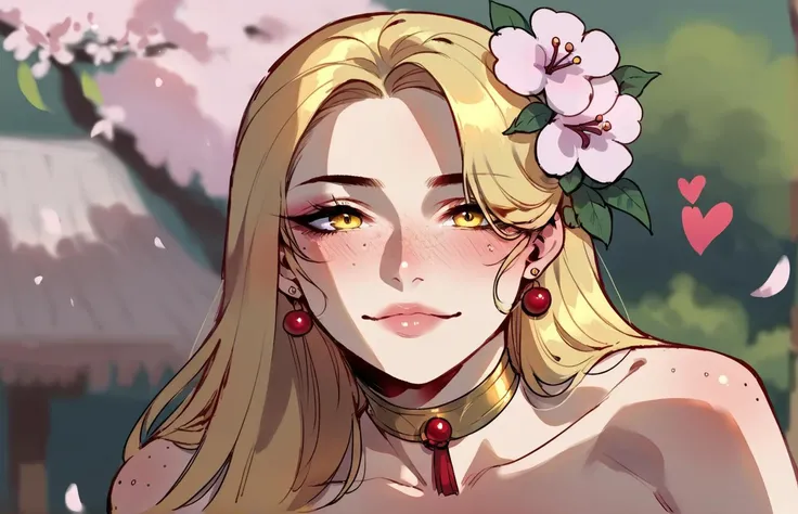 score_9,score_8_up,score_7_up,score_6_up,score_5_up,score_4_up,<lora:aesthetic_witchy:0.6>,witchyaesthetic,witchyset20,1girl,solo,looking at viewer,realistic,blurry background, yellow eyes, jewelry,heart,earrings,hair flower,choker, freckles, source_questionable, , gold hair, henley top, leaning forward, cherry blossom, pompadour, <lora:ratatatat74_pony_v1:0.8>,,